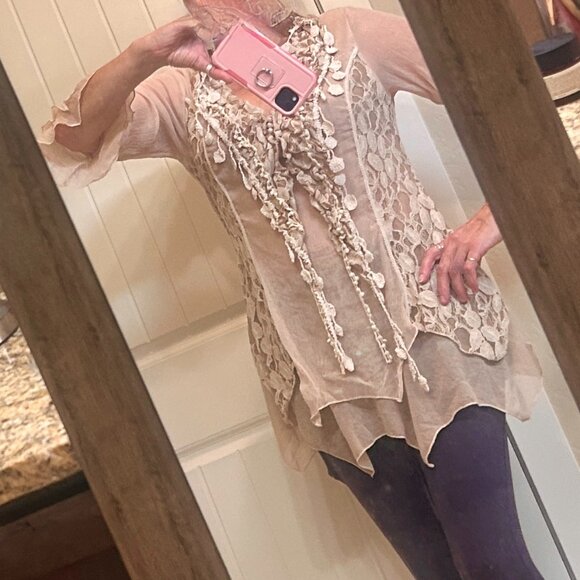 Scully silk and lace Women's Tunic Top Boho Western Chic Taupe Large - Picture 4 of 12